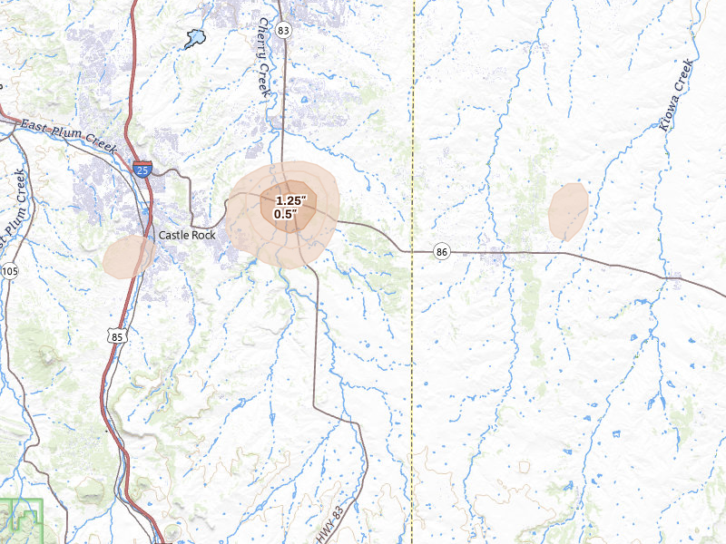 Radar-estimated hail-size map of the storm over Franktown, CO on Jun 3, 2026