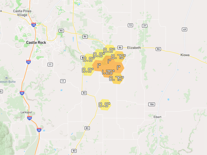 Hail map of Franktown, CO on Jun 26, 2026, hail up to 1.25"