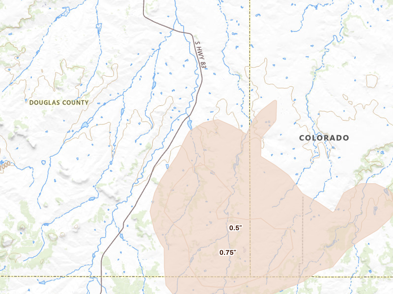 Radar-estimated hail-size map of the storm over Franktown, CO on Jul 28, 2026