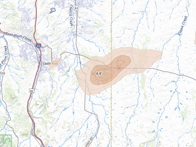 Radar-estimated hail-size map of the storm over Franktown, CO on Aug 14, 2026