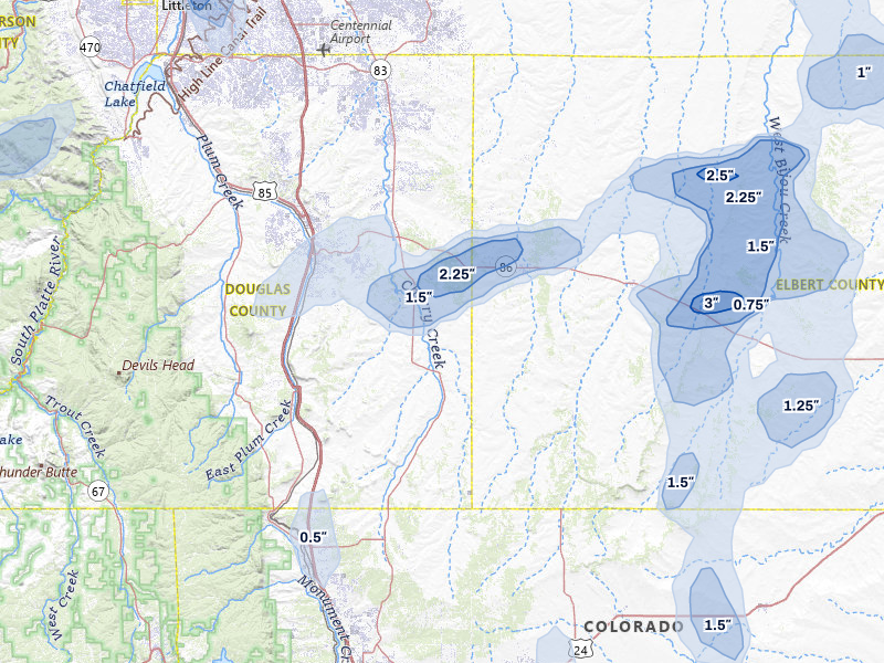 NEXRAD radar-signature map of the hail storm over Franktown, CO on Aug 14, 2026