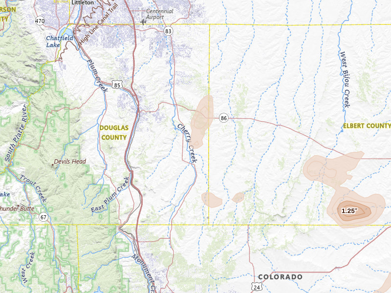 Radar-estimated hail-size map of the storm over Franktown, CO on Aug 16, 2026