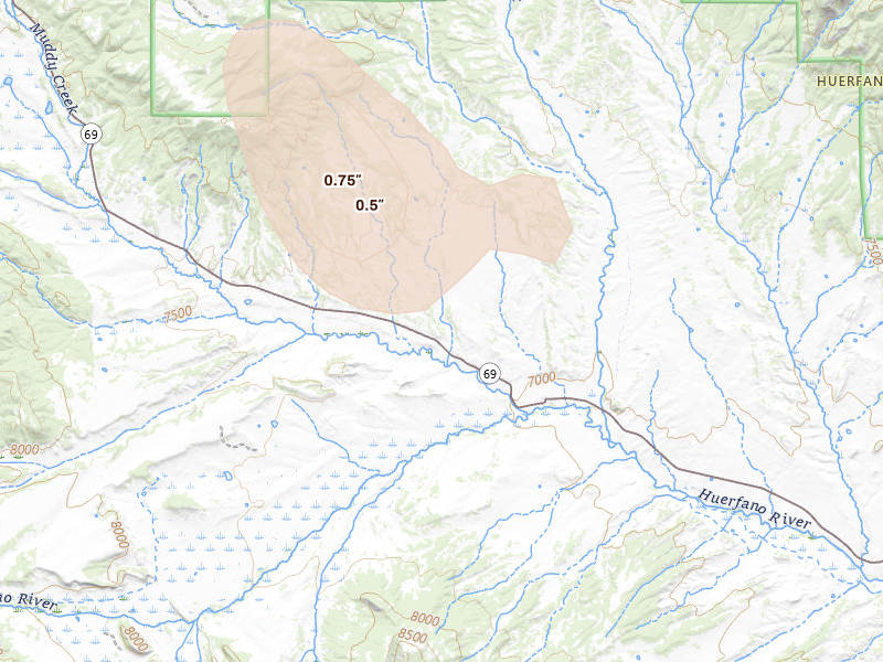 Radar-estimated hail-size map of the storm over Gardner, CO on Aug 1, 2026