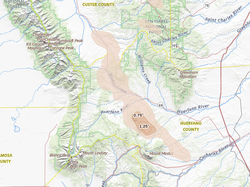 Radar-estimated hail-size map of the storm over Gardner, CO on Aug 19, 2026