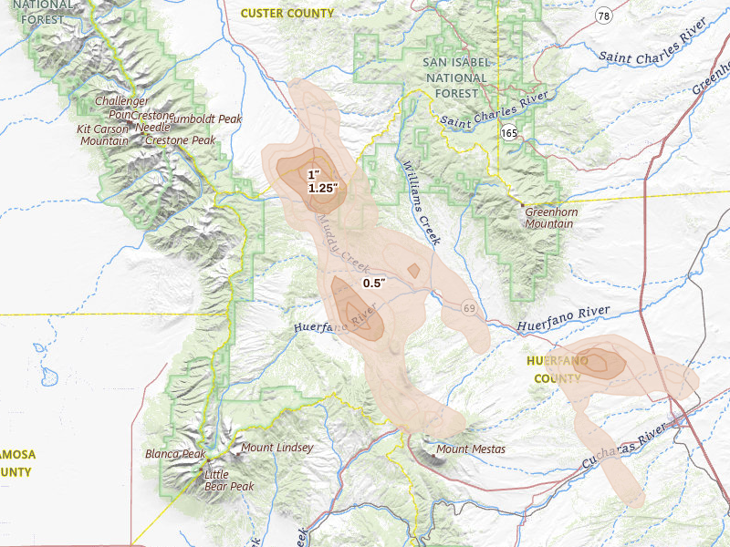Radar-estimated hail-size map of the storm over Gardner, CO on Aug 26, 2026