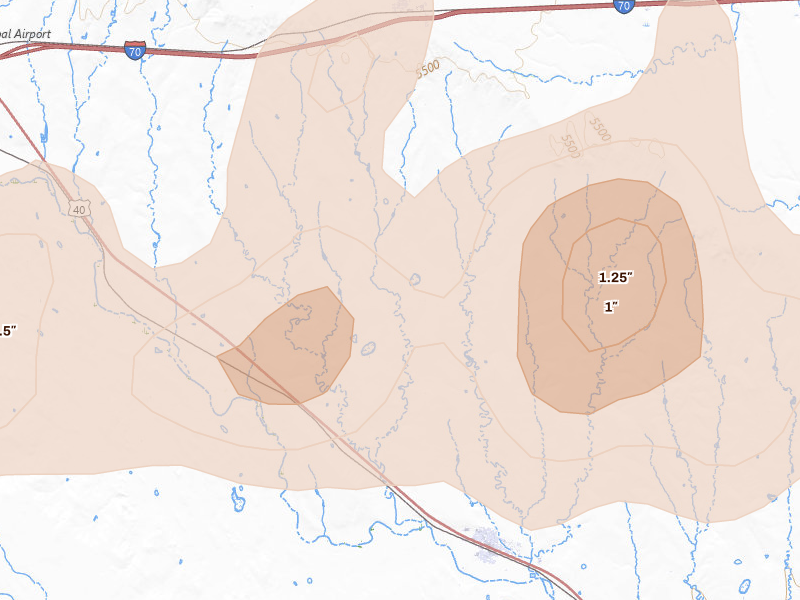 Radar-estimated hail-size map of the storm over Genoa, CO on May 16, 2026