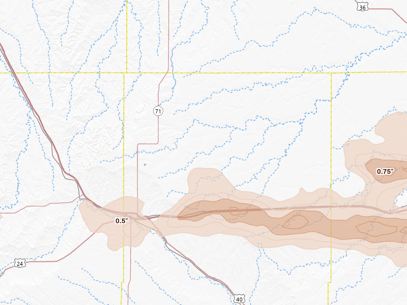 Radar-estimated hail-size map of the storm over Genoa, CO on May 17, 2026