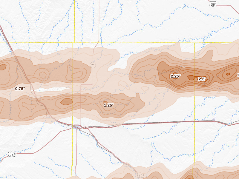 Radar-estimated hail-size map of the storm over Genoa, CO on Jun 8, 2026