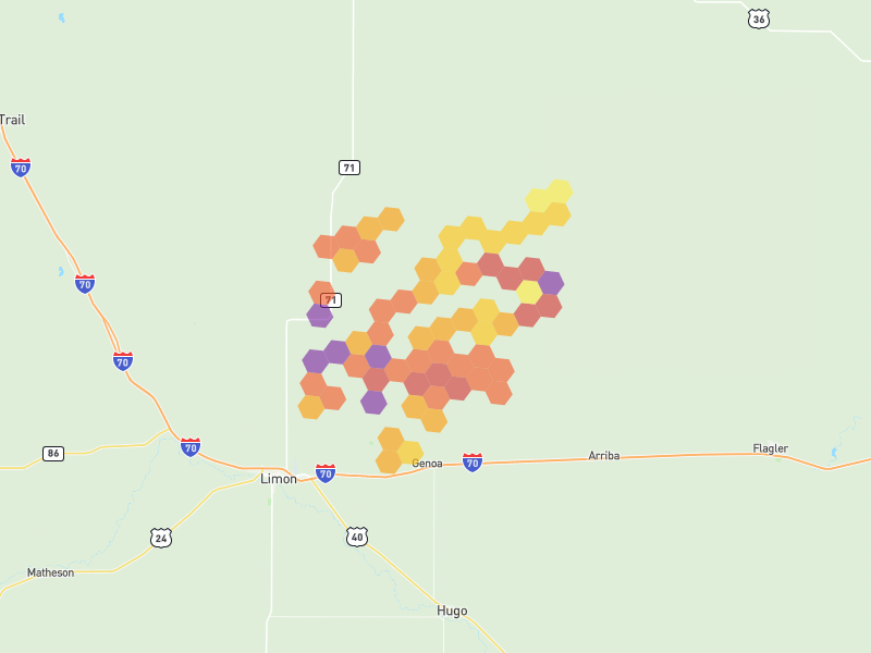 Hail map of Genoa, CO on Jun 9, 2026, hail up to 3"