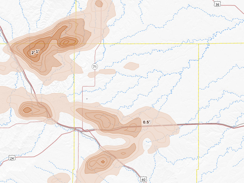 Radar-estimated hail-size map of the storm over Genoa, CO on Jun 23, 2026