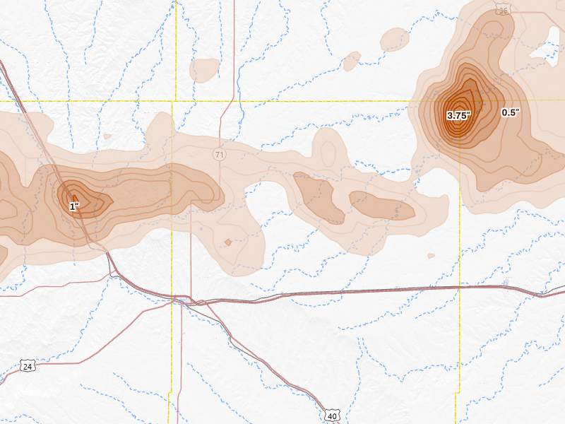Radar-estimated hail-size map of the storm over Genoa, CO on Jul 3, 2026