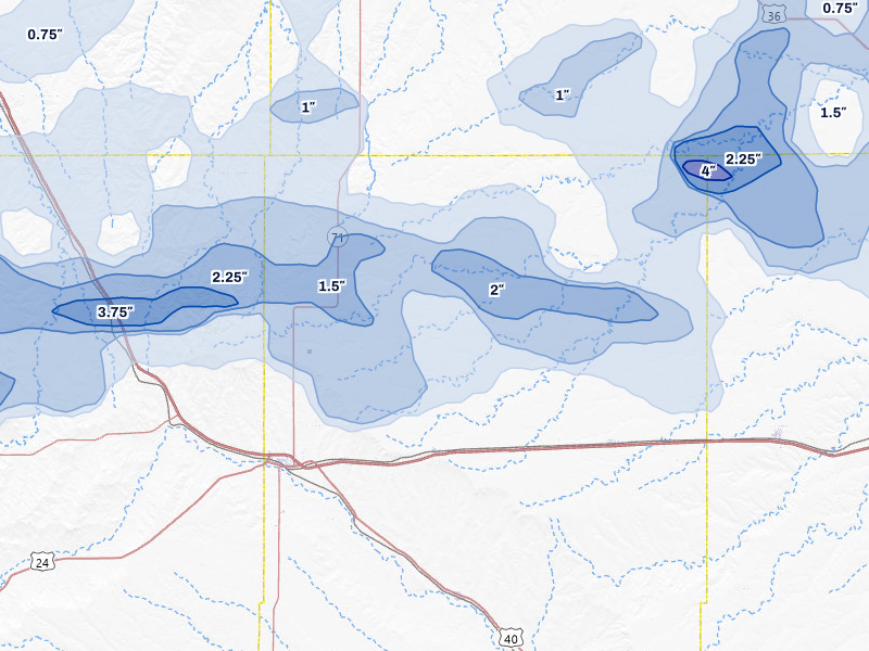 NEXRAD radar-signature map of the hail storm over Genoa, CO on Jul 3, 2026