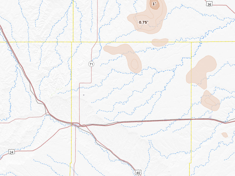 Radar-estimated hail-size map of the storm over Genoa, CO on Jul 4, 2026