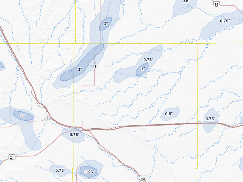 NEXRAD radar-signature map of the hail storm over Genoa, CO on Jul 9, 2026