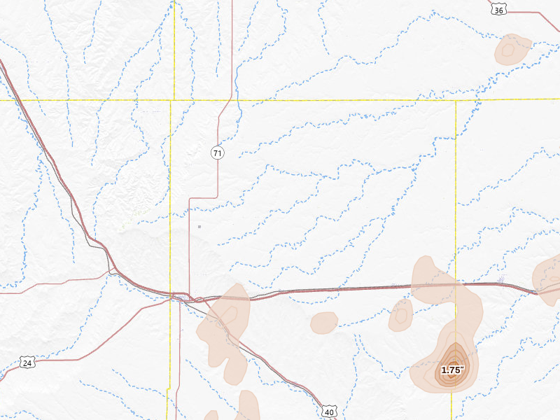 Radar-estimated hail-size map of the storm over Genoa, CO on Jul 22, 2026