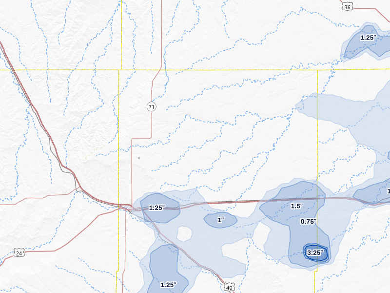NEXRAD radar-signature map of the hail storm over Genoa, CO on Jul 22, 2026