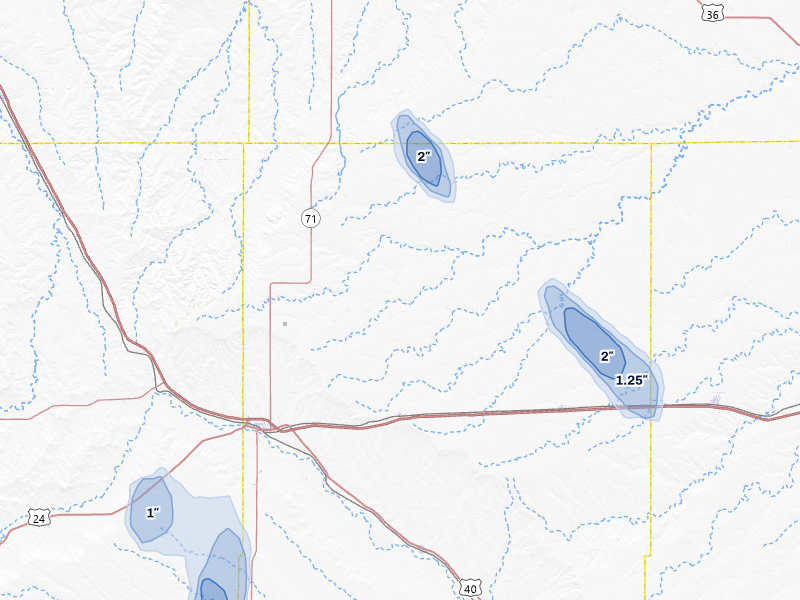 NEXRAD radar-signature map of the hail storm over Genoa, CO on Jul 23, 2026