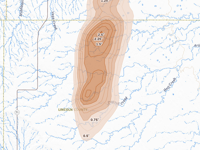 Radar-estimated hail-size map of the storm over Genoa, CO on Aug 13, 2026