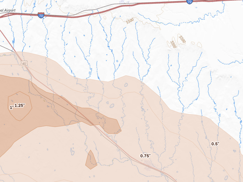 Radar-estimated hail-size map of the storm over Genoa, CO on Aug 18, 2026