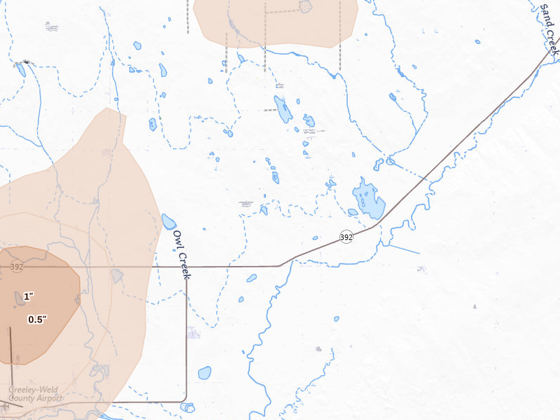 Radar-estimated hail-size map of the storm over Gill, CO on Jun 3, 2026