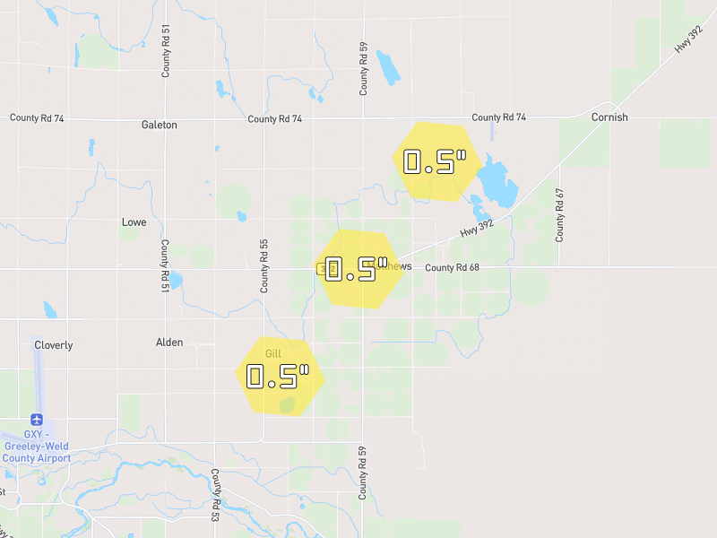 Hail map of Gill, CO on Jun 3, 2026, hail up to 0.5"