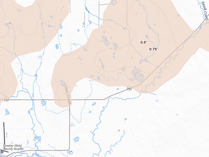 Radar-estimated hail-size map of the storm over Gill, CO on Jul 1, 2026