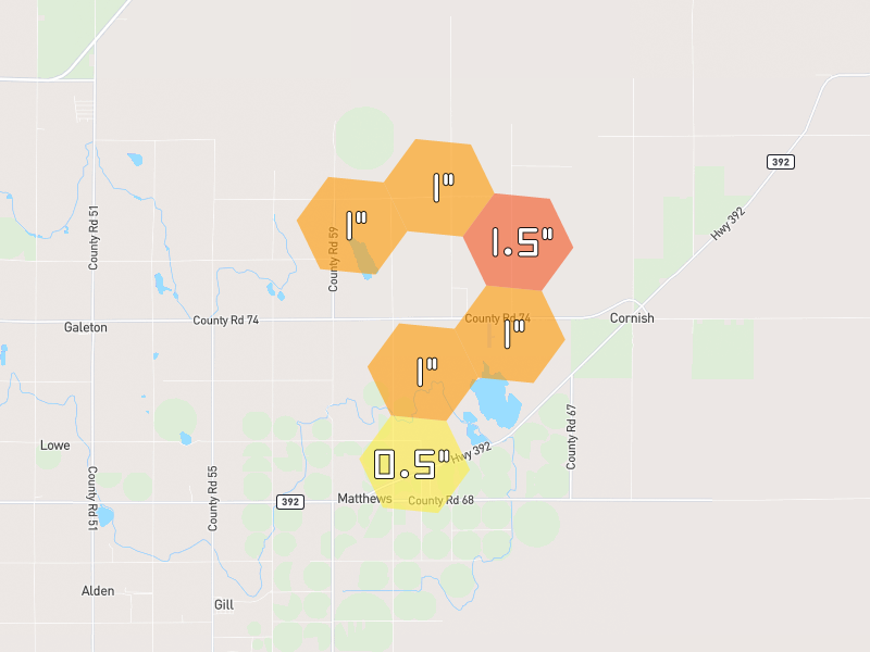 Hail map of Gill, CO on Jul 2, 2026, hail up to 1.5"