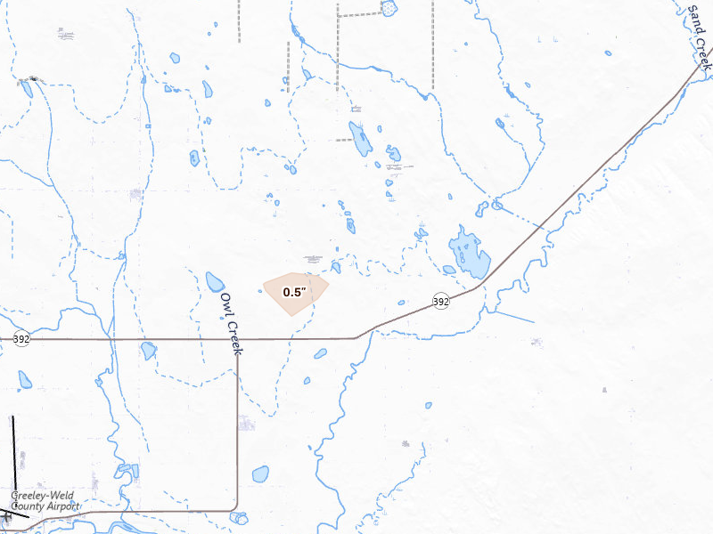 Radar-estimated hail-size map of the storm over Gill, CO on Aug 15, 2026