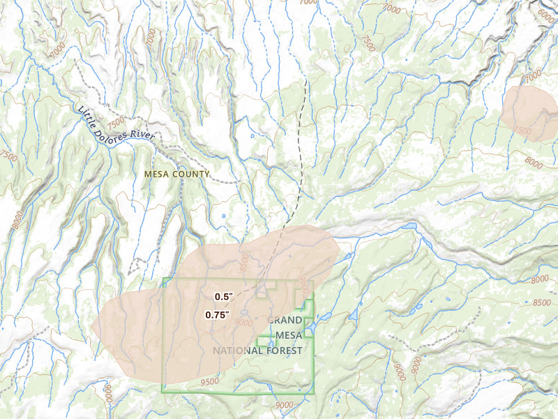 Radar-estimated hail-size map of the storm over Glade Park, CO on Jun 26, 2026
