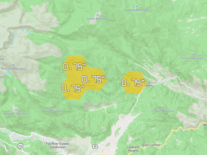 Hail map of Glen Haven, CO on Jun 3, 2026, hail up to 0.75"