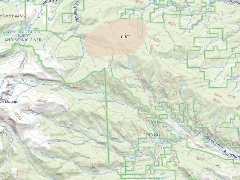 Radar-estimated hail-size map of the storm over Glen Haven, CO on Aug 14, 2026