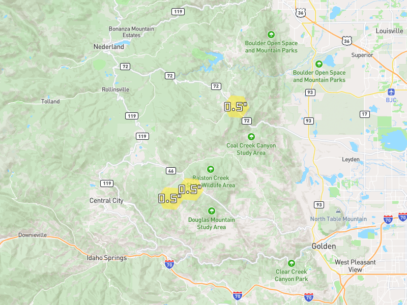 Hail map of Golden, CO on Jun 2, 2026, hail up to 0.5"
