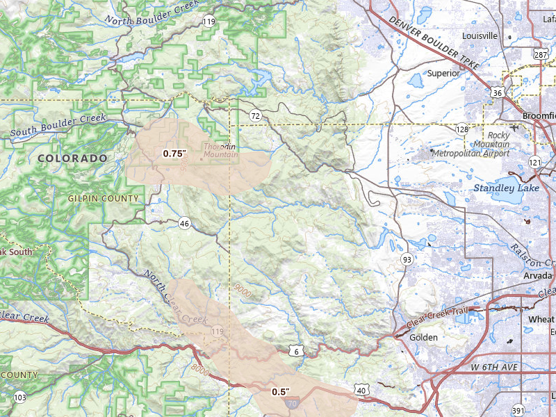 Radar-estimated hail-size map of the storm over Golden, CO on Jun 25, 2026