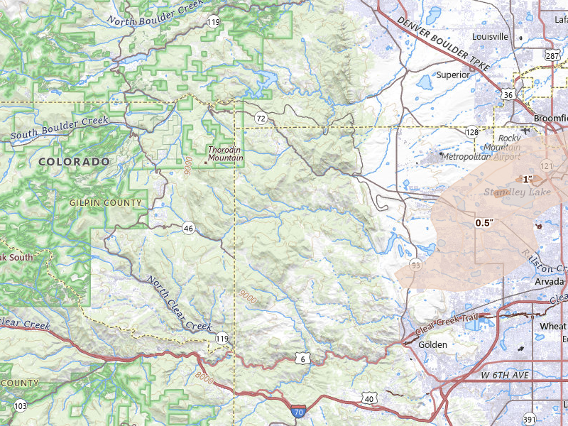 Radar-estimated hail-size map of the storm over Golden, CO on Jun 26, 2026