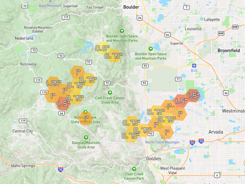 Hail map of Golden, CO on Jun 26, 2026, hail up to 1.5"