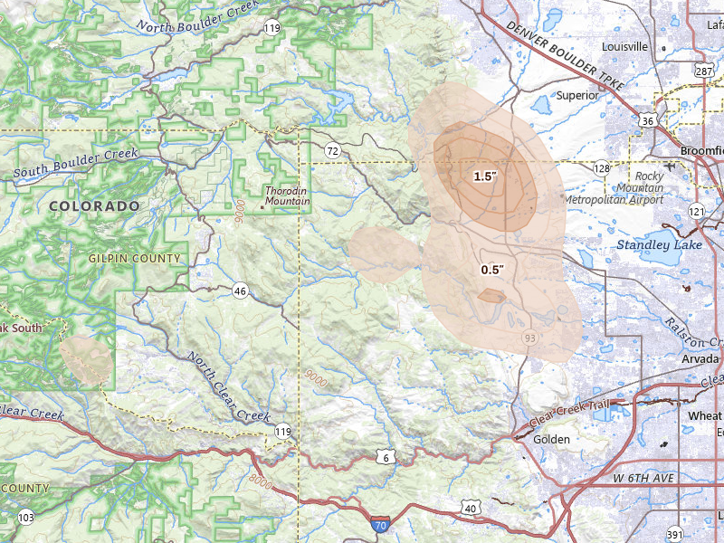 Radar-estimated hail-size map of the storm over Golden, CO on Jul 24, 2026