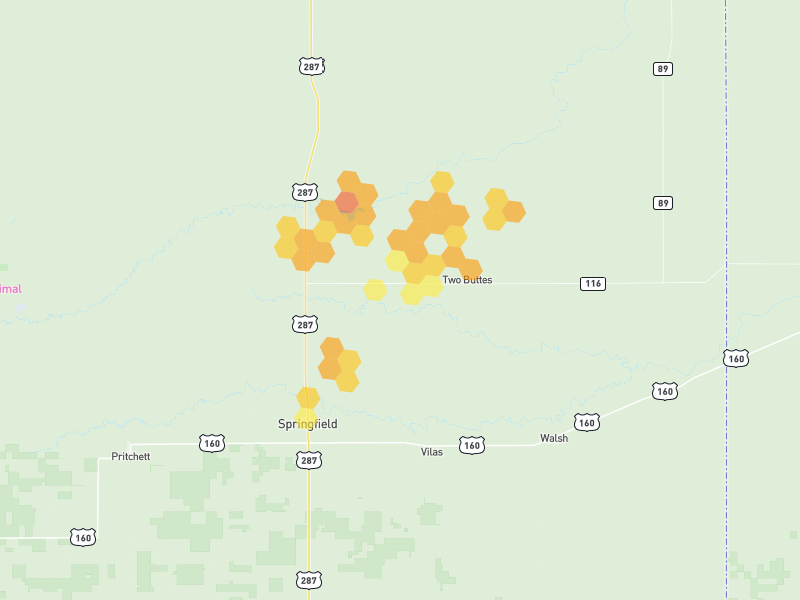 Hail map of Granada, CO on Jun 1, 2026, hail up to 1.5"