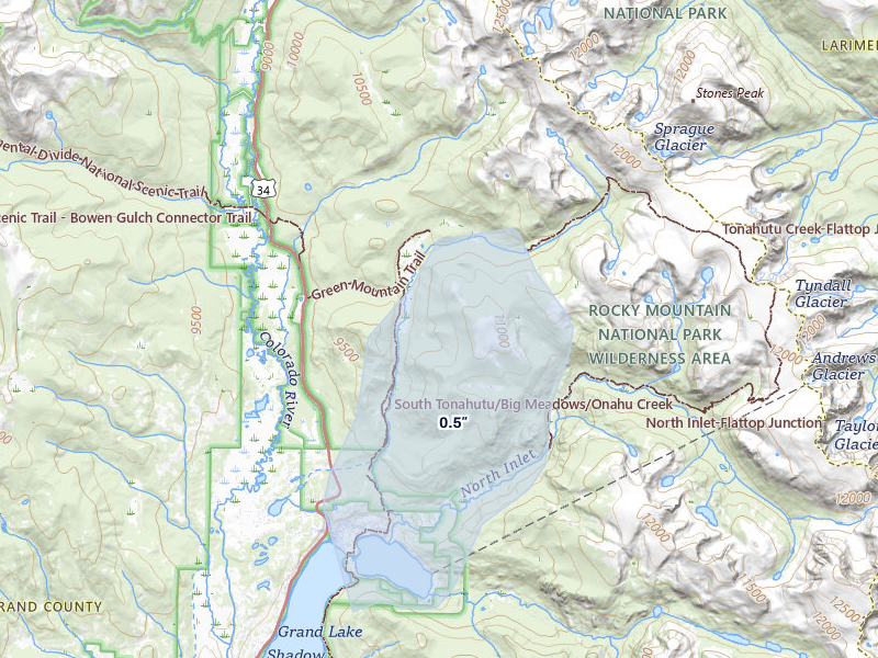 NEXRAD radar-signature map of the hail storm over Grand Lake, CO on May 28, 2026