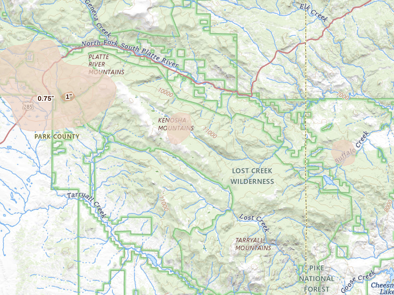 Radar-estimated hail-size map of the storm over Grant, CO on May 28, 2026