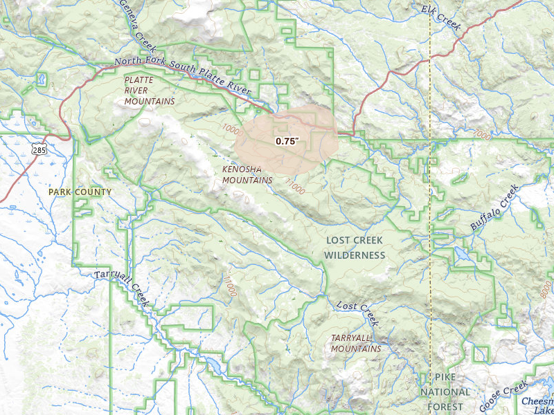 Radar-estimated hail-size map of the storm over Grant, CO on Jul 27, 2026