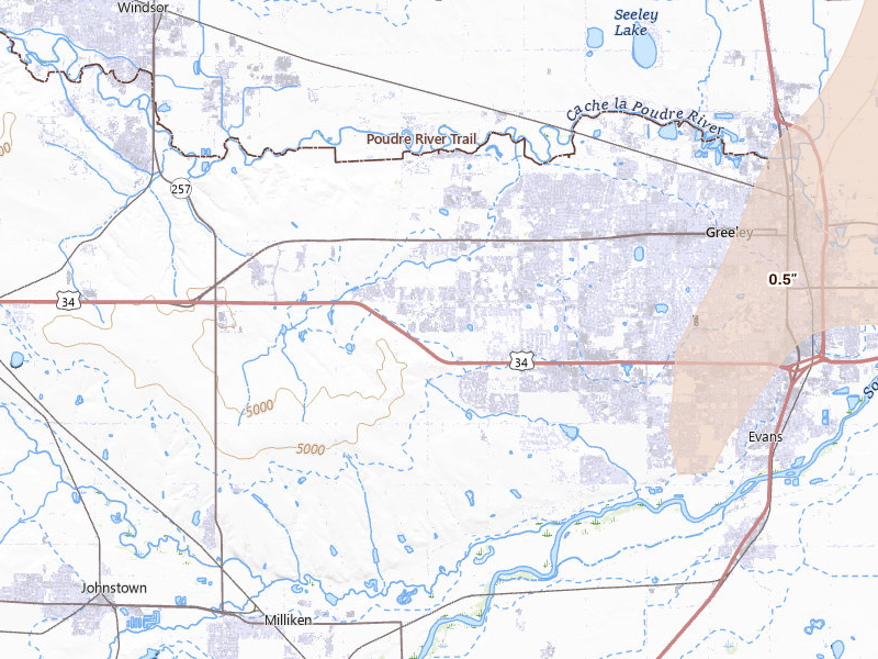 Radar-estimated hail-size map of the storm over Greeley, CO on Jun 3, 2026
