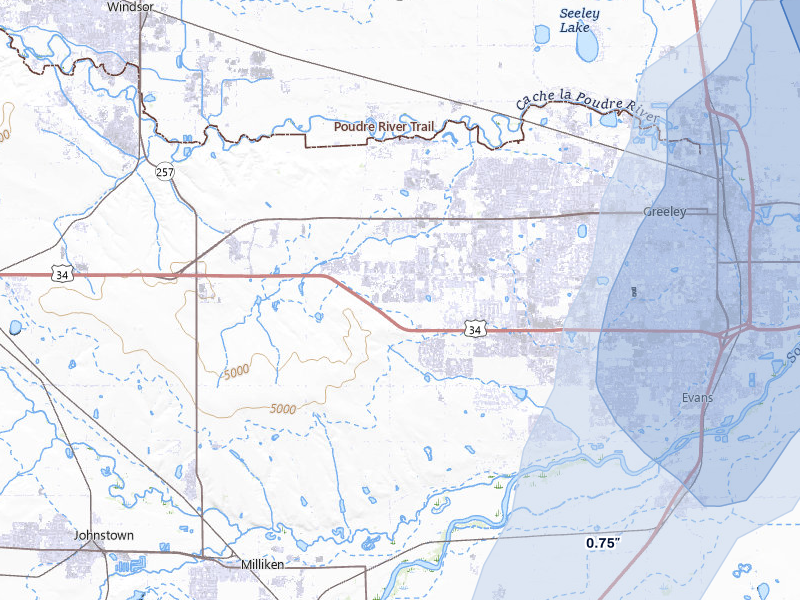 NEXRAD radar-signature map of the hail storm over Greeley, CO on Jun 3, 2026