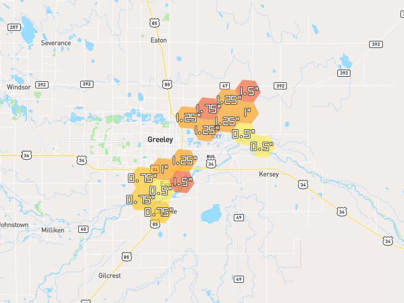 Hail map of Greeley, CO on Jun 3, 2026, hail up to 1.75"