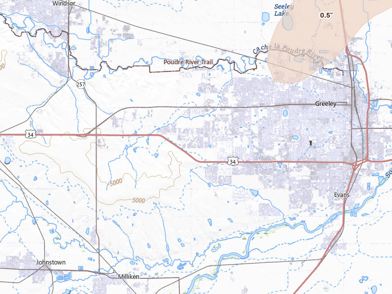 Radar-estimated hail-size map of the storm over Greeley, CO on Jun 26, 2026