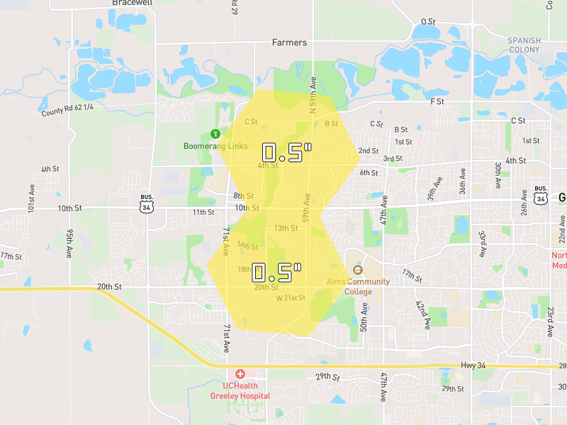 Hail map of Greeley, CO on Jun 26, 2026, hail up to 0.5"