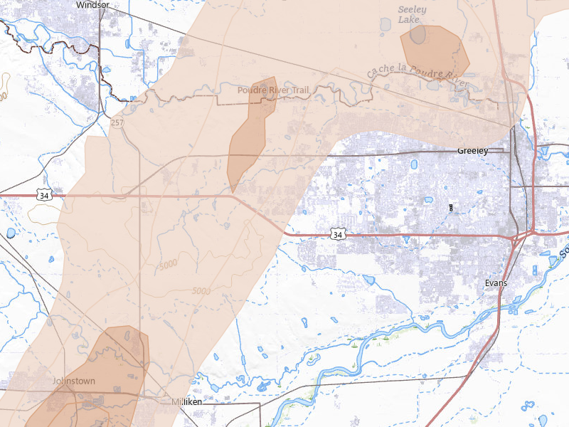 Radar-estimated hail-size map of the storm over Greeley, CO on Jul 1, 2026
