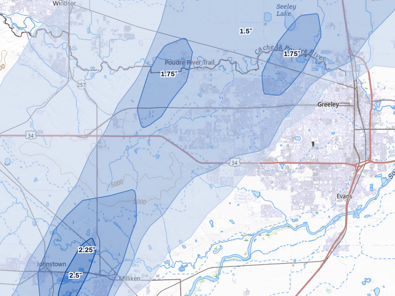NEXRAD radar-signature map of the hail storm over Greeley, CO on Jul 1, 2026