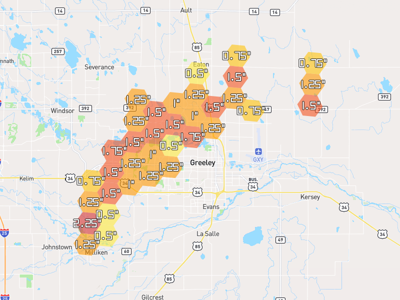 Hail map of Greeley, CO on Jul 2, 2026, hail up to 2.25"