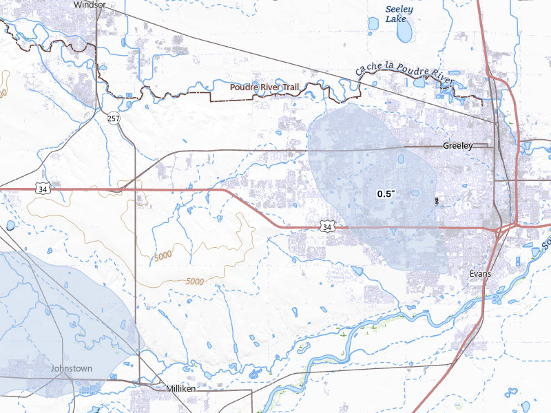 NEXRAD radar-signature map of the hail storm over Greeley, CO on Jul 8, 2026