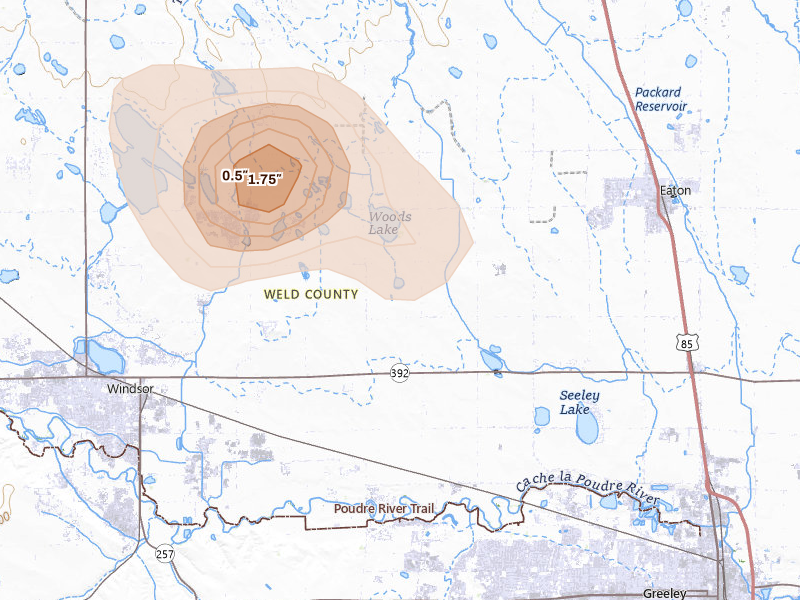 Radar-estimated hail-size map of the storm over Greeley, CO on Aug 13, 2026